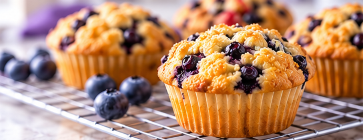 Blueberry muffins on a cooling rack